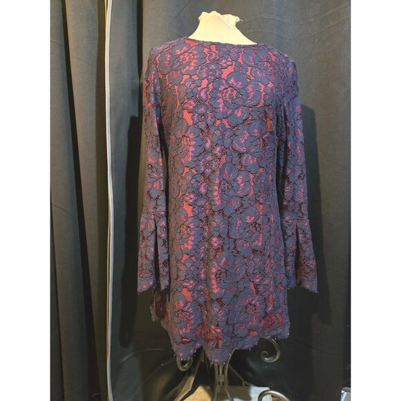 Wayf Navy Burgundy Merrick Lace Dress, Tie Back Bell Sleeve Medium - Picture 2 of 8